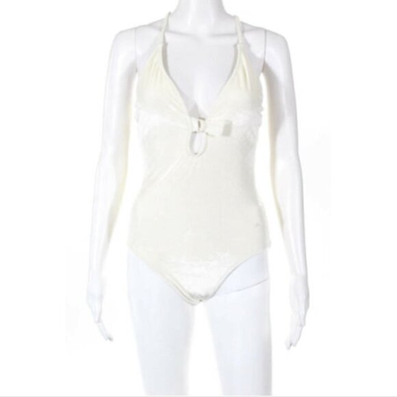 Morgan Lane Retro Beige Velvet One-Piece Sexy Swimsuit Large - Picture 5 of 12